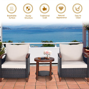 Made of tightly woven all-weather rattan to ensure durability<br>Acacia wood frame and thickened legs provide powerful support<br>The space-saving table can be used as an end table  side table  or coffee table<br>Thick cushions filled with premium sponge 