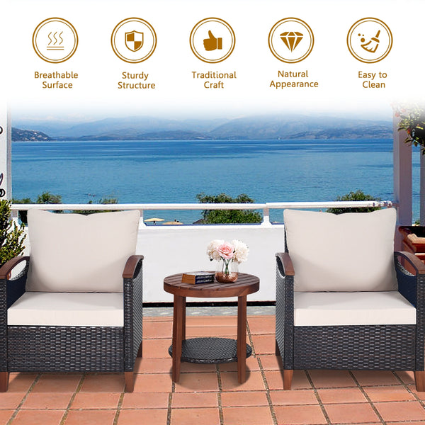 Made of tightly woven all-weather rattan to ensure durability<br>Acacia wood frame and thickened legs provide powerful support<br>The space-saving table can be used as an end table  side table  or coffee table<br>Thick cushions filled with premium sponge 
