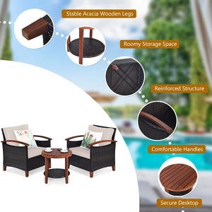Made of tightly woven all-weather rattan to ensure durability<br>Acacia wood frame and thickened legs provide powerful support<br>The space-saving table can be used as an end table  side table  or coffee table<br>Thick cushions filled with premium sponge 