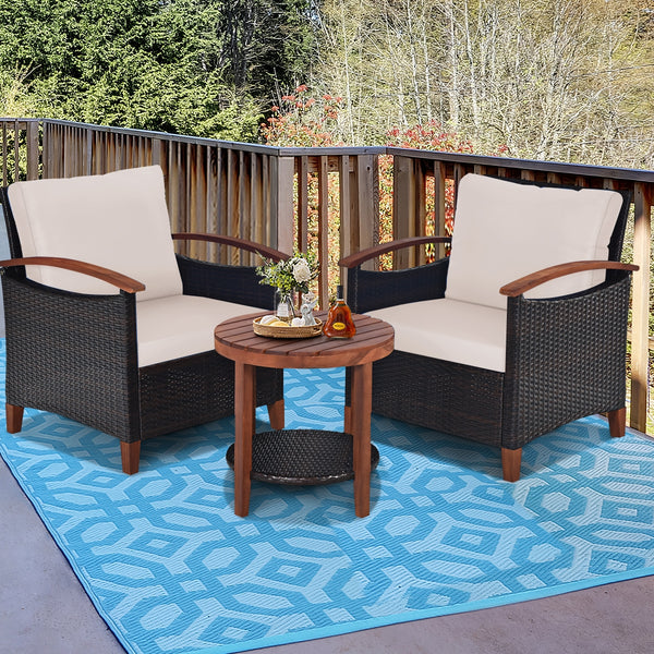 Made of tightly woven all-weather rattan to ensure durability<br>Acacia wood frame and thickened legs provide powerful support<br>The space-saving table can be used as an end table  side table  or coffee table<br>Thick cushions filled with premium sponge 