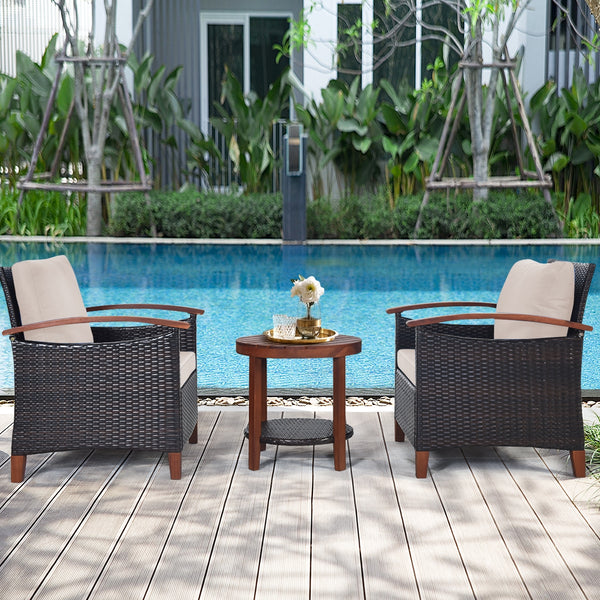 Made of tightly woven all-weather rattan to ensure durability<br>Acacia wood frame and thickened legs provide powerful support<br>The space-saving table can be used as an end table  side table  or coffee table<br>Thick cushions filled with premium sponge 