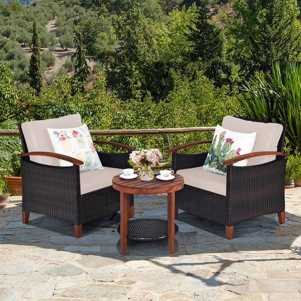 Made of tightly woven all-weather rattan to ensure durability<br>Acacia wood frame and thickened legs provide powerful support<br>The space-saving table can be used as an end table  side table  or coffee table<br>Thick cushions filled with premium sponge 