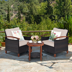 Made of tightly woven all-weather rattan to ensure durability<br>Acacia wood frame and thickened legs provide powerful support<br>The space-saving table can be used as an end table  side table  or coffee table<br>Thick cushions filled with premium sponge 