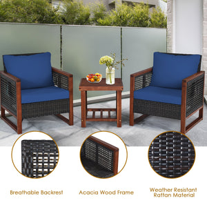 Please avoid rain exposure for longer serving time.<br>Package includes 2 sofas  1 table  2 seat cushions  2 back cushions and instruction<br>Made of all-weather rattan  sturdy and durable<br>Acacia wood frame and unique base provide powerful support<br>A