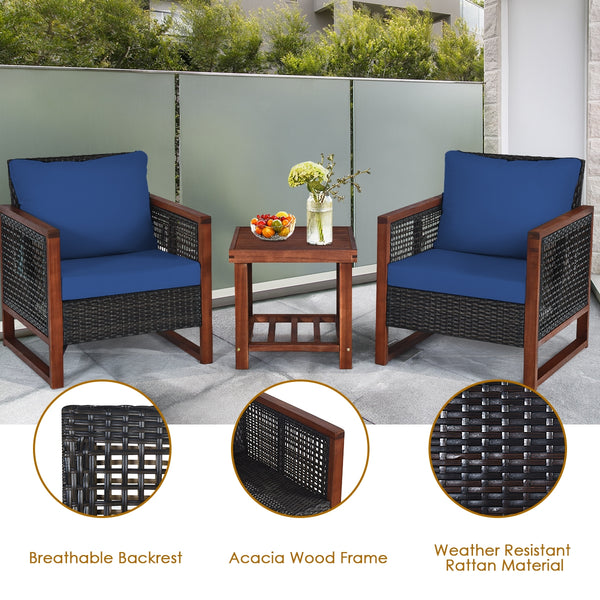 Please avoid rain exposure for longer serving time.<br>Package includes 2 sofas  1 table  2 seat cushions  2 back cushions and instruction<br>Made of all-weather rattan  sturdy and durable<br>Acacia wood frame and unique base provide powerful support<br>A