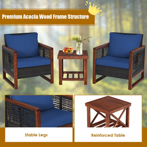 Please avoid rain exposure for longer serving time.<br>Package includes 2 sofas  1 table  2 seat cushions  2 back cushions and instruction<br>Made of all-weather rattan  sturdy and durable<br>Acacia wood frame and unique base provide powerful support<br>A