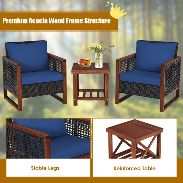Please avoid rain exposure for longer serving time.<br>Package includes 2 sofas  1 table  2 seat cushions  2 back cushions and instruction<br>Made of all-weather rattan  sturdy and durable<br>Acacia wood frame and unique base provide powerful support<br>A