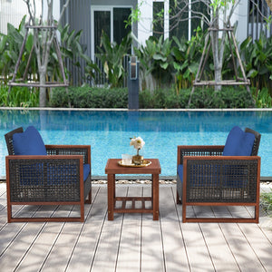 Please avoid rain exposure for longer serving time.<br>Package includes 2 sofas  1 table  2 seat cushions  2 back cushions and instruction<br>Made of all-weather rattan  sturdy and durable<br>Acacia wood frame and unique base provide powerful support<br>A