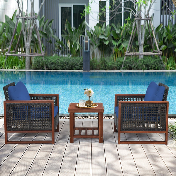 Please avoid rain exposure for longer serving time.<br>Package includes 2 sofas  1 table  2 seat cushions  2 back cushions and instruction<br>Made of all-weather rattan  sturdy and durable<br>Acacia wood frame and unique base provide powerful support<br>A