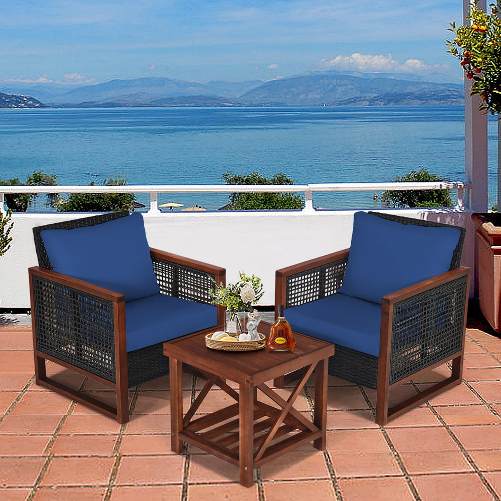 Please avoid rain exposure for longer serving time.<br>Package includes 2 sofas  1 table  2 seat cushions  2 back cushions and instruction<br>Made of all-weather rattan  sturdy and durable<br>Acacia wood frame and unique base provide powerful support<br>A