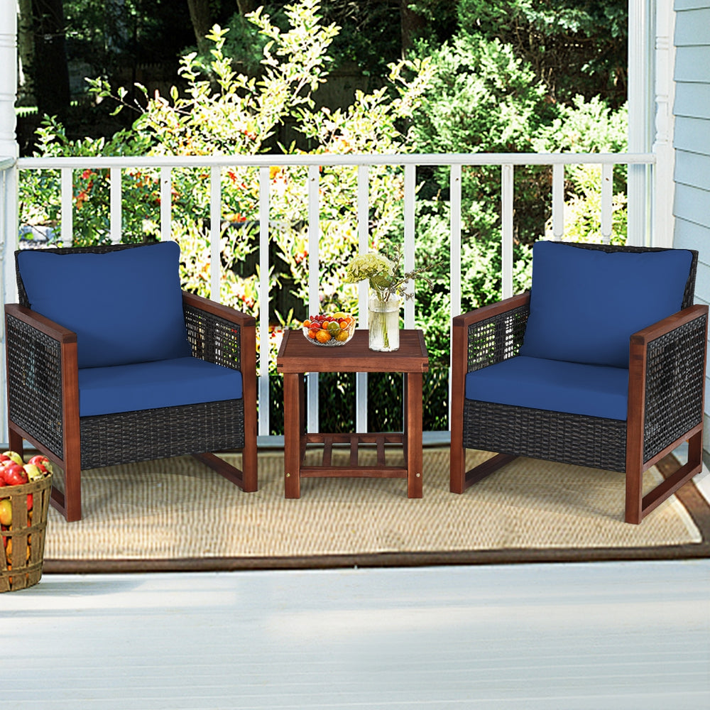 Please avoid rain exposure for longer serving time.<br>Package includes 2 sofas  1 table  2 seat cushions  2 back cushions and instruction<br>Made of all-weather rattan  sturdy and durable<br>Acacia wood frame and unique base provide powerful support<br>A