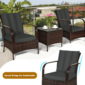 Durable and sturdy rattan and steel materials for long service time<br>The thick sponged cushion is soft and the cover is washable<br>Weatherproof materials ensure the furniture set is placed outside all year round<br>The coffee table has a tempered glass