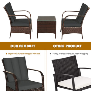 Durable and sturdy rattan and steel materials for long service time<br>The thick sponged cushion is soft and the cover is washable<br>Weatherproof materials ensure the furniture set is placed outside all year round<br>The coffee table has a tempered glass