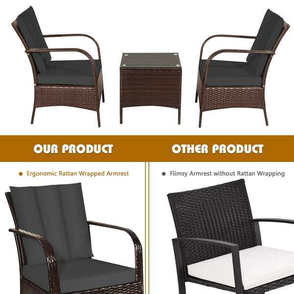 Durable and sturdy rattan and steel materials for long service time<br>The thick sponged cushion is soft and the cover is washable<br>Weatherproof materials ensure the furniture set is placed outside all year round<br>The coffee table has a tempered glass