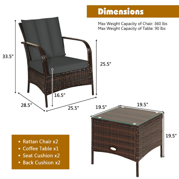 Durable and sturdy rattan and steel materials for long service time<br>The thick sponged cushion is soft and the cover is washable<br>Weatherproof materials ensure the furniture set is placed outside all year round<br>The coffee table has a tempered glass