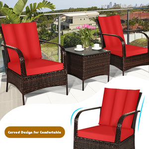Durable and sturdy rattan and steel materials for long service time<br>The thick sponged cushion is soft and the cover is washable<br>Weatherproof materials ensure the furniture set is placed outside all year round<br>The coffee table has a tempered glass