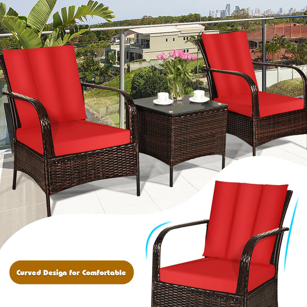 Durable and sturdy rattan and steel materials for long service time<br>The thick sponged cushion is soft and the cover is washable<br>Weatherproof materials ensure the furniture set is placed outside all year round<br>The coffee table has a tempered glass