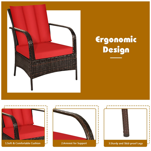 Durable and sturdy rattan and steel materials for long service time<br>The thick sponged cushion is soft and the cover is washable<br>Weatherproof materials ensure the furniture set is placed outside all year round<br>The coffee table has a tempered glass