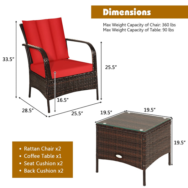 Durable and sturdy rattan and steel materials for long service time<br>The thick sponged cushion is soft and the cover is washable<br>Weatherproof materials ensure the furniture set is placed outside all year round<br>The coffee table has a tempered glass