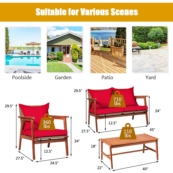 Including 2 x Single sofa  1 x Loveseat  1 x Coffee table  4 x Seat cushion  4 x Back cushion  1 x User guide<br>Hand-woven rattan is breathable and comfortable<br>Thick and soft cushions will provide you excellent comfort<br>Cover with the zipper of the 
