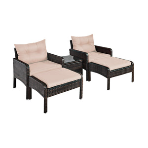 Includes 2 single chairs  2 ottomans and a side table<br>Heavy-duty metal frame with great sturdiness<br>All-weather PE rattan durable for outdoor use<br>Long-lasting tempered glass table smooth for wiping<br>3" thick cushions for excellent softness<br>Re