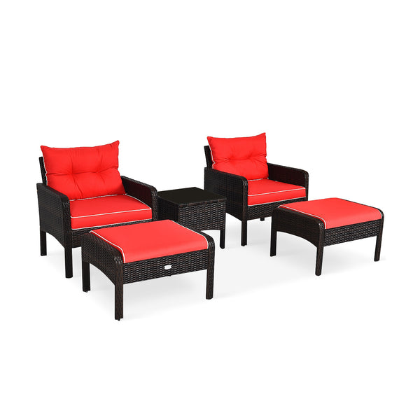 Includes 2 single chairs  2 ottomans and a side table<br>Heavy-duty metal frame with great sturdiness<br>All-weather PE rattan durable for outdoor use<br>Long-lasting tempered glass table smooth for wiping<br>3" thick cushions for excellent softness<br>Re