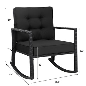 Sturdy and durable frame with exquisite rattan <br>Comfortable and safe rocking function <br>Thick and soft cushion for seat and back <br>Cushions are fixed by strings to prevent a move <br>Pads at the bottom can avoid sliding and protect rattan <br>Desig