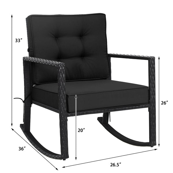 Sturdy and durable frame with exquisite rattan <br>Comfortable and safe rocking function <br>Thick and soft cushion for seat and back <br>Cushions are fixed by strings to prevent a move <br>Pads at the bottom can avoid sliding and protect rattan <br>Desig