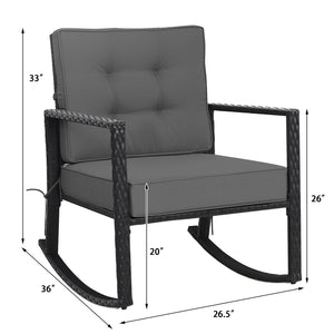 Sturdy and durable frame with exquisite rattan <br>Comfortable and safe rocking function <br>Thick and soft cushion for seat and back <br>Cushions are fixed by strings to prevent a move <br>Pads at the bottom can avoid sliding and protect rattan <br>Desig