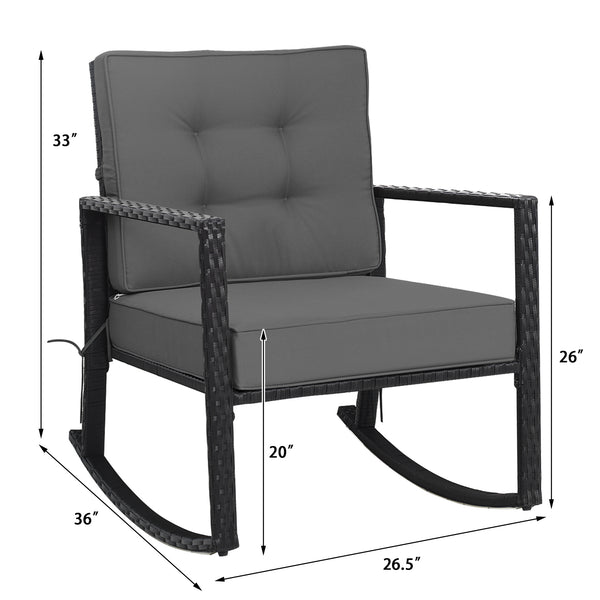 Sturdy and durable frame with exquisite rattan <br>Comfortable and safe rocking function <br>Thick and soft cushion for seat and back <br>Cushions are fixed by strings to prevent a move <br>Pads at the bottom can avoid sliding and protect rattan <br>Desig