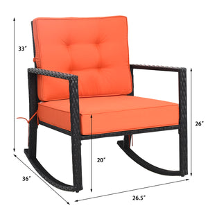 Sturdy and durable frame with exquisite rattan <br>Comfortable and safe rocking function <br>Thick and soft cushion for seat and back <br>Cushions are fixed by strings to prevent a move <br>Pads at the bottom can avoid sliding and protect rattan <br>Desig