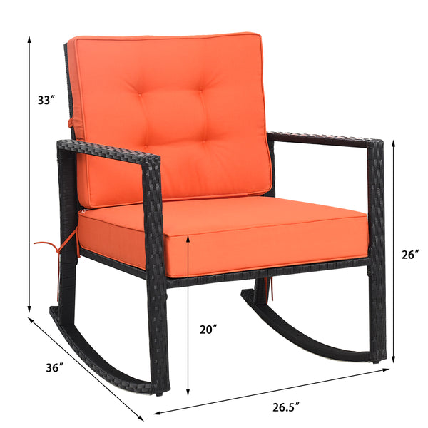 Sturdy and durable frame with exquisite rattan <br>Comfortable and safe rocking function <br>Thick and soft cushion for seat and back <br>Cushions are fixed by strings to prevent a move <br>Pads at the bottom can avoid sliding and protect rattan <br>Desig