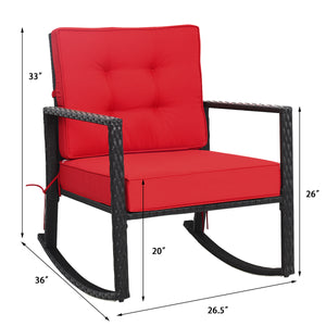 Sturdy and durable frame with exquisite rattan <br>Comfortable and safe rocking function <br>Thick and soft cushion for seat and back <br>Cushions are fixed by strings to prevent a move <br>Pads at the bottom can avoid sliding and protect rattan <br>Desig