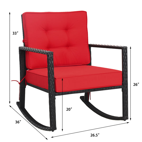 Sturdy and durable frame with exquisite rattan <br>Comfortable and safe rocking function <br>Thick and soft cushion for seat and back <br>Cushions are fixed by strings to prevent a move <br>Pads at the bottom can avoid sliding and protect rattan <br>Desig