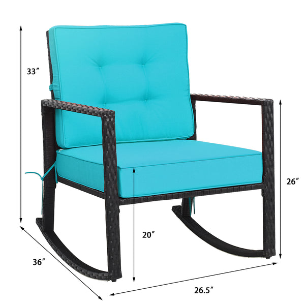Sturdy and durable frame with exquisite rattan <br>Comfortable and safe rocking function <br>Thick and soft cushion for seat and back <br>Cushions are fixed by strings to prevent a move <br>Pads at the bottom can avoid sliding and protect rattan <br>Desig