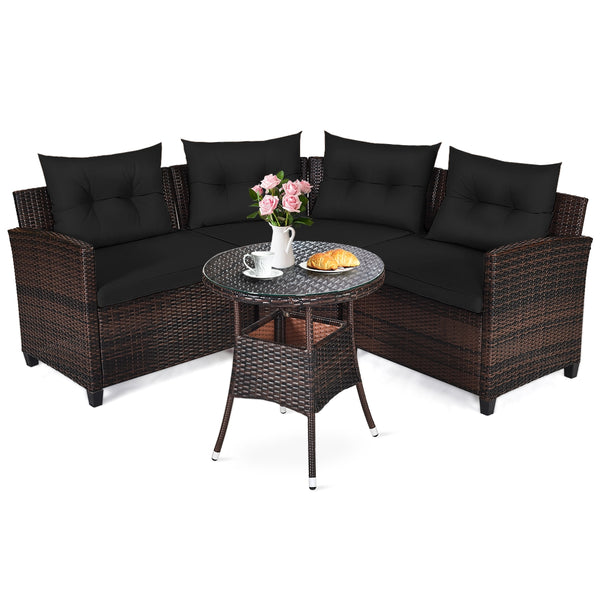 The sturdy and durable steel frame ensures sturdiness of the set<br>Tight and hand-woven rattan can withstand moderate rain or wind<br>Thick and soft cushion with a high-density sponge for your hip and back<br>Cover with the zipper of the seat cushion is 