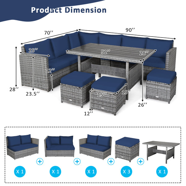 Packages include 3 loveseats  3 ottomans  1 table  6 seat cushions  7 back cushions  and instruction<br>Packages come in 4 boxes<br>Powder-coated steel structure provides strong durability and stability<br>All-weather and wear-resistant rattan ensures lon