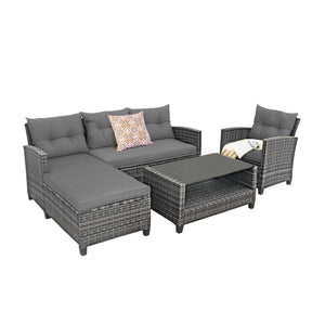 Weather-resistant PE rattan ensures durability<br>Reinforced steel frame enhances overall stability without deformation<br>Adjustable feet can prevent the floor from scratches and fit uneven ground<br>The coffee table with tempered glass top can hold food