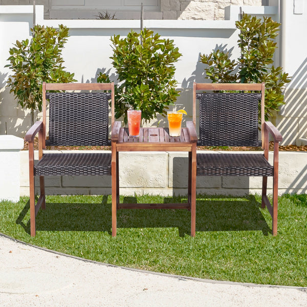 Acacia wood structure with PE wicker for extended service time <br>Rattan seats and backrests are more comfortable to use during the hot summer <br>An integral middle table with an umbrella hole for inserting parasol (not included) <br>Table maximum weigh