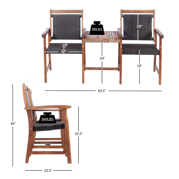 Acacia wood structure with PE wicker for extended service time <br>Rattan seats and backrests are more comfortable to use during the hot summer <br>An integral middle table with an umbrella hole for inserting parasol (not included) <br>Table maximum weigh