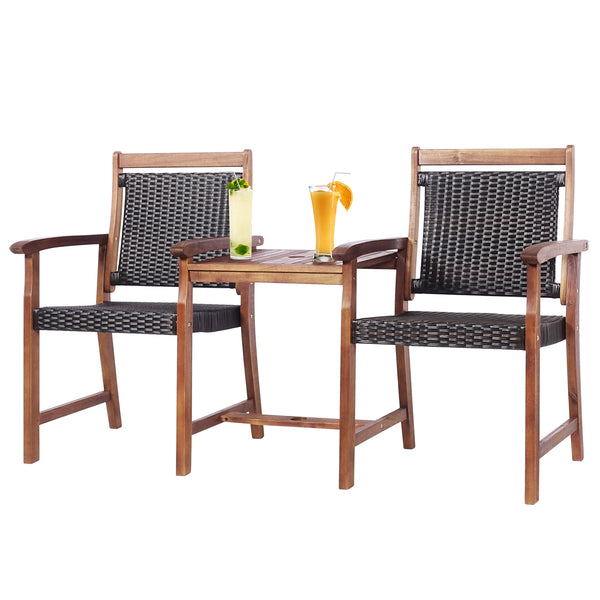 Acacia wood structure with PE wicker for extended service time <br>Rattan seats and backrests are more comfortable to use during the hot summer <br>An integral middle table with an umbrella hole for inserting parasol (not included) <br>Table maximum weigh