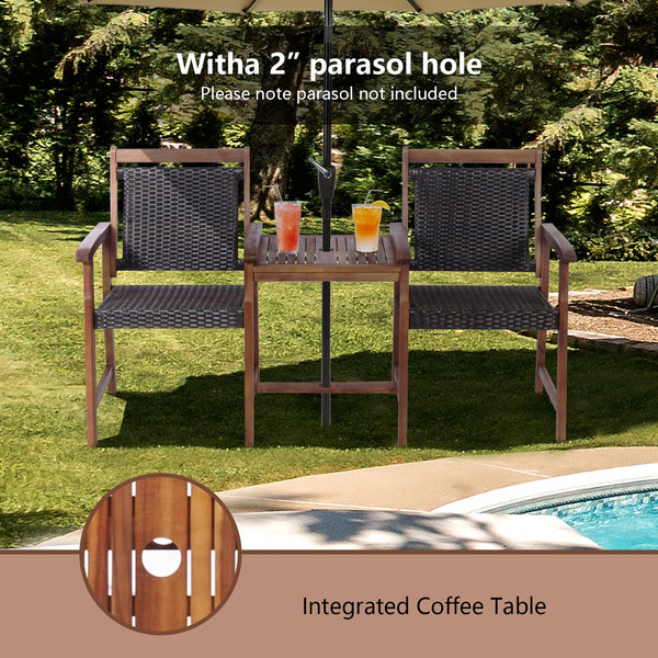 Acacia wood structure with PE wicker for extended service time <br>Rattan seats and backrests are more comfortable to use during the hot summer <br>An integral middle table with an umbrella hole for inserting parasol (not included) <br>Table maximum weigh