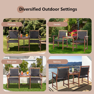 Acacia wood structure with PE wicker for extended service time <br>Rattan seats and backrests are more comfortable to use during the hot summer <br>An integral middle table with an umbrella hole for inserting parasol (not included) <br>Table maximum weigh