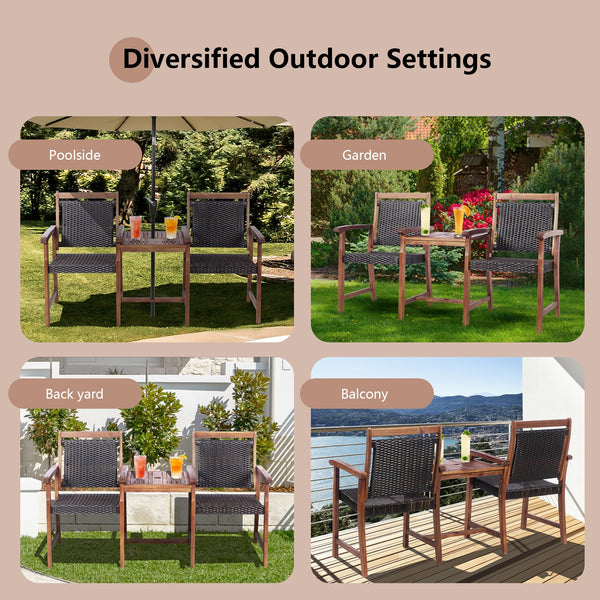 Acacia wood structure with PE wicker for extended service time <br>Rattan seats and backrests are more comfortable to use during the hot summer <br>An integral middle table with an umbrella hole for inserting parasol (not included) <br>Table maximum weigh