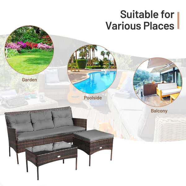 Sturdy steel frame ensures strong weight capacity <br>Premium rattan with all-weather resistance for long-time use <br>Cozy seat with high backrest and soft armrest offers comfort <br>High density cushion with removable cover makes maintenance easier <br>