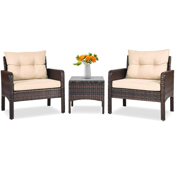 Made of high-quality PE rattan with strong toughness  it is not easy to break<br>Sturdy metal frame structure with superior load-bearing performance<br>A soft sponge filled cushions  comfortable and breathable<br>The thick tempered glass tabletop is sturd