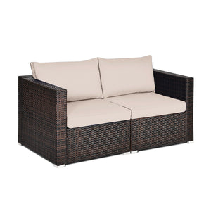 Power coated and solid steel frame adds sturdiness and durability<br>Tight and hand-woven rattan to withstand change of weather<br>2 of the corner sofas can be used separately<br>Aluminum foot pads protect bottom rattan from scratching<br>Wide armrest for
