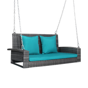Solid steel chains ensure stable and safe swinging <br>Sturdy and anti-rust steel for long-time use <br>PE rattan surface is high-quality and weather resistant <br>2-seat design enhances communication with friends <br>2 back cushions and 1 seat cushion of