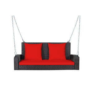 Solid steel chains ensure stable and safe swinging <br>Sturdy and anti-rust steel for long-time use <br>PE rattan surface is high-quality and weather resistant <br>2-seat design enhances communication with friends <br>2 back cushions and 1 seat cushion of
