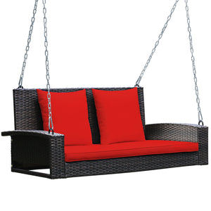 Solid steel chains ensure stable and safe swinging <br>Sturdy and anti-rust steel for long-time use <br>PE rattan surface is high-quality and weather resistant <br>2-seat design enhances communication with friends <br>2 back cushions and 1 seat cushion of